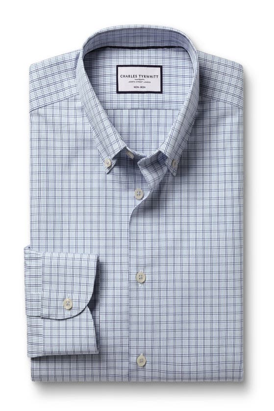 Charles Tyrwhitt Check Non-iron Button-down Oxford Slim Fit Shirt Single Cuff In Mid Blue