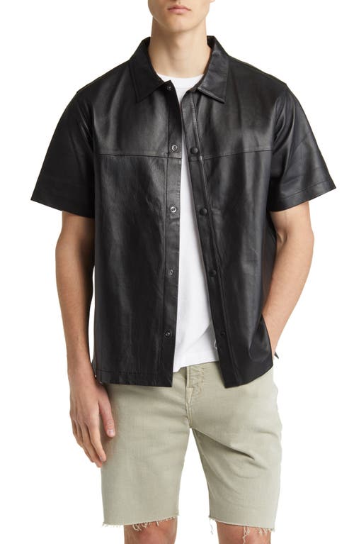 FRAME Short Sleeve Lambskin Leather Snap-Up Shirt in Noir