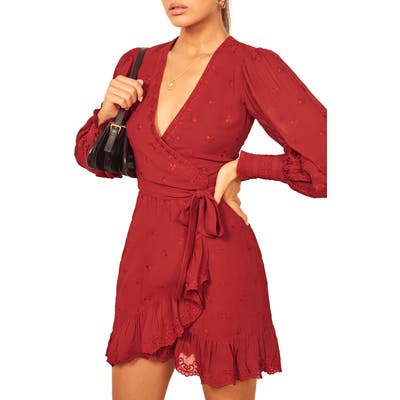 Reformation Clare Embroidered Long Sleeve Wrap Minidress, Red