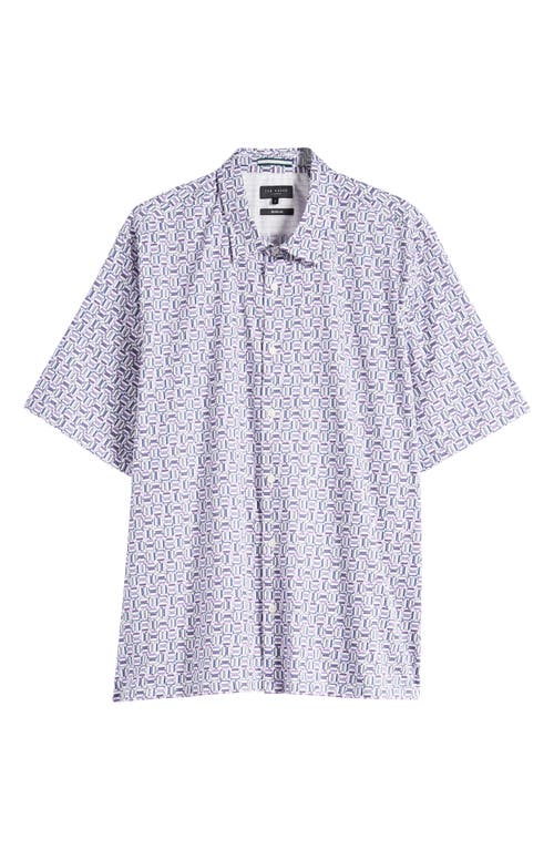 Astun Regular Fit Geometric Print Stretch Short Sleeve Button-Up Shirt in Lilac
