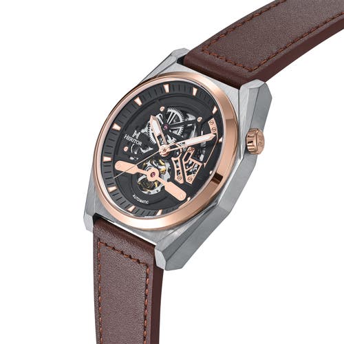 Heritor Automatic Amadeus Semi-skeleton Leather-band Watch In Rose Gold/brown