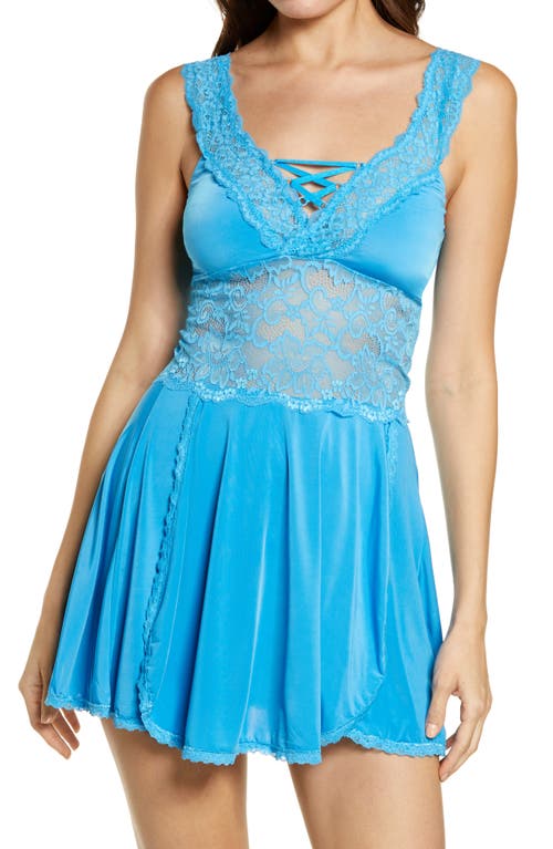 Coquette Lace Detail Babydoll Chemise & Thong in Blue