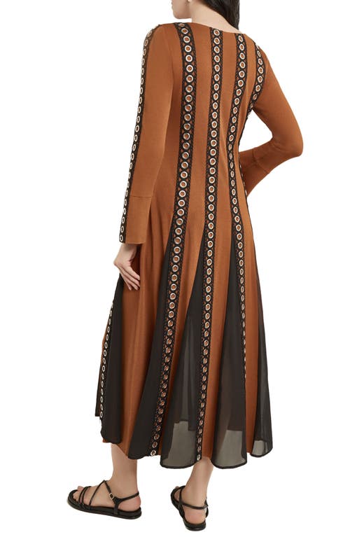 Shop Misook Sheer Panel Long Sleeve Midi Dress In Copper/black