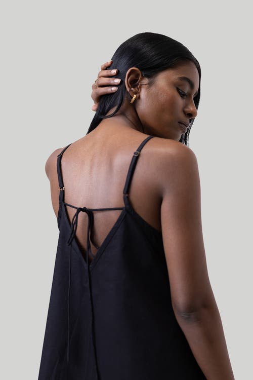 Reistor Women's Black Short Tent Cotton Dress With Back Tie In Black