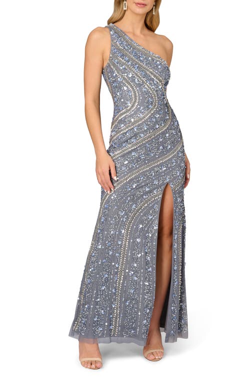Aidan Mattox by Adrianna Papell Sequin & Bead Detail One-Shoulder Gown Dusty Blue at Nordstrom,