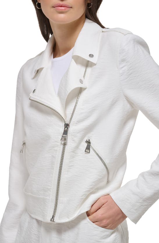 Shop Dkny Crinkle Moto Jacket In White
