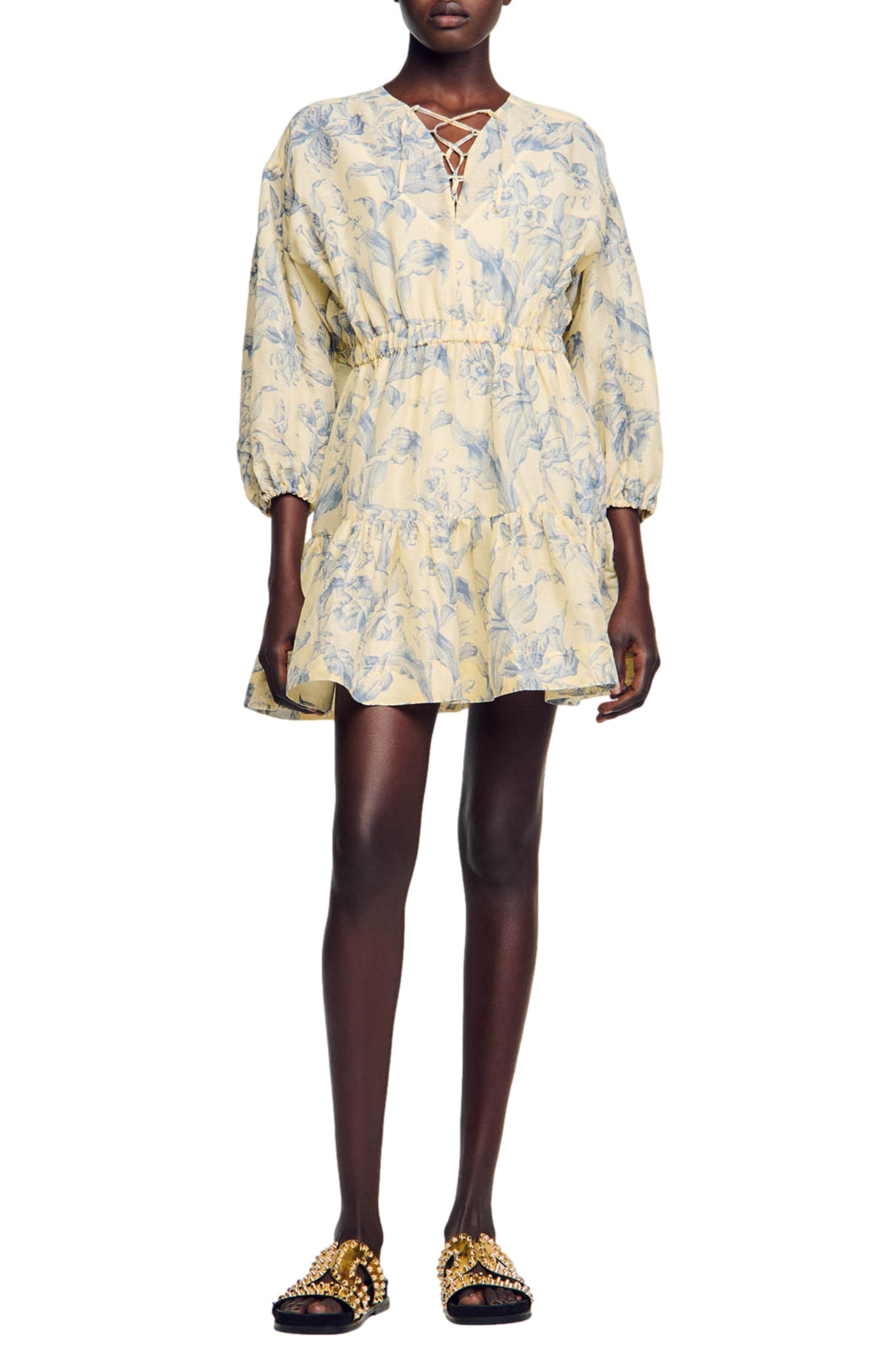 sandro Josella Floral Lace-Up Dress in Ecru /Blue | Smart Closet sandro Josella Floral Lace-Up Dress in Ecru /Blue | Smart Closet