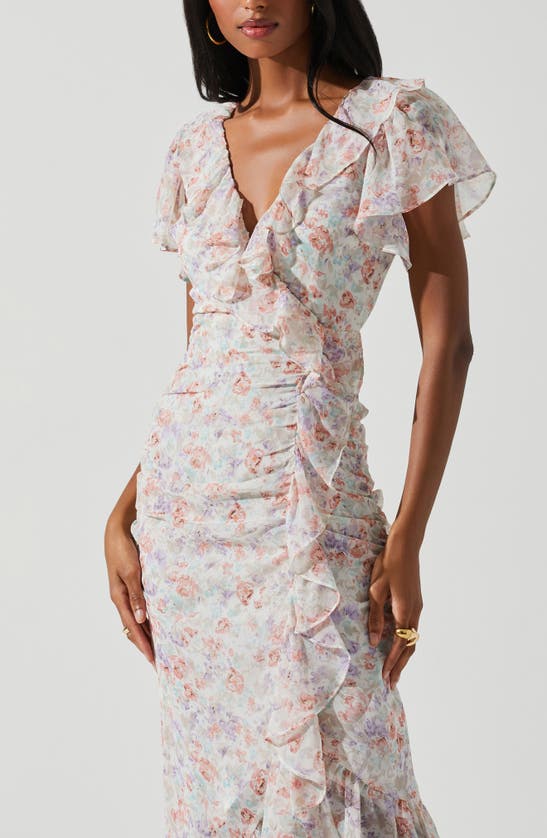 Shop Astr The Label Vilma Floral Ruffle Midi Dress In Pink Purple Floral