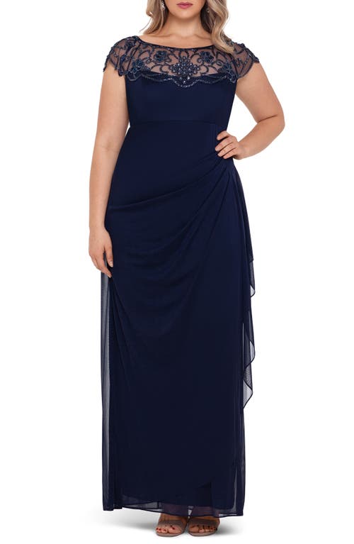 Xscape Evenings Beaded Neck Ruched Cap Sleeve Gown Navy at Nordstrom,