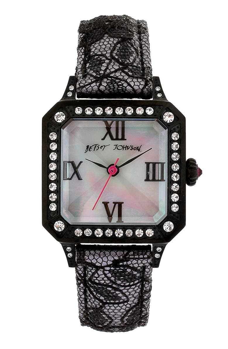 BETSEY JOHNSON Square Dial Lace & Leather Strap Watch, Main, color, Black