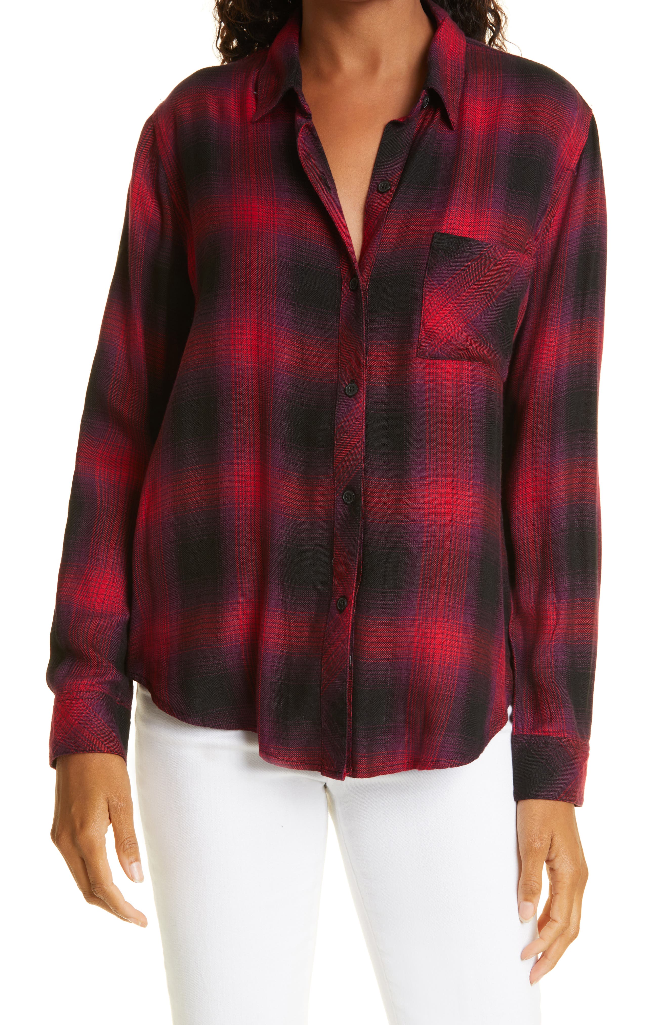 red plaid button up