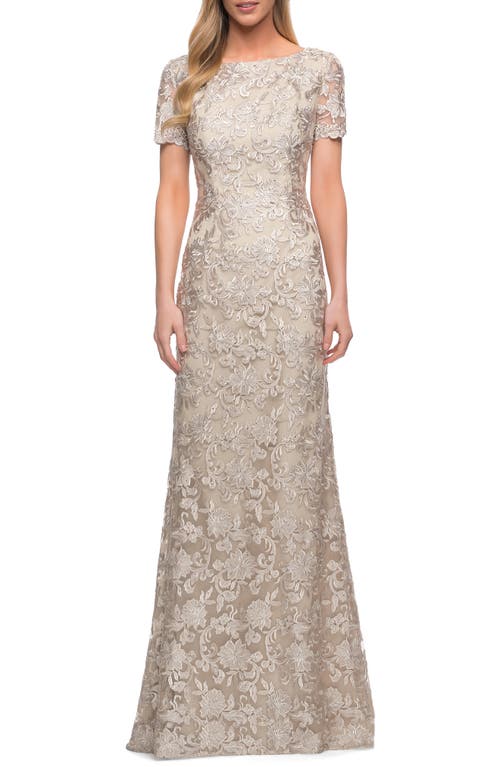 La Femme Lace Short Sleeve Sheath Gown Champagne at Nordstrom,