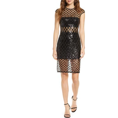 Tadashi Shoji Sequined Illusion Mesh Cocktail Dress, Black