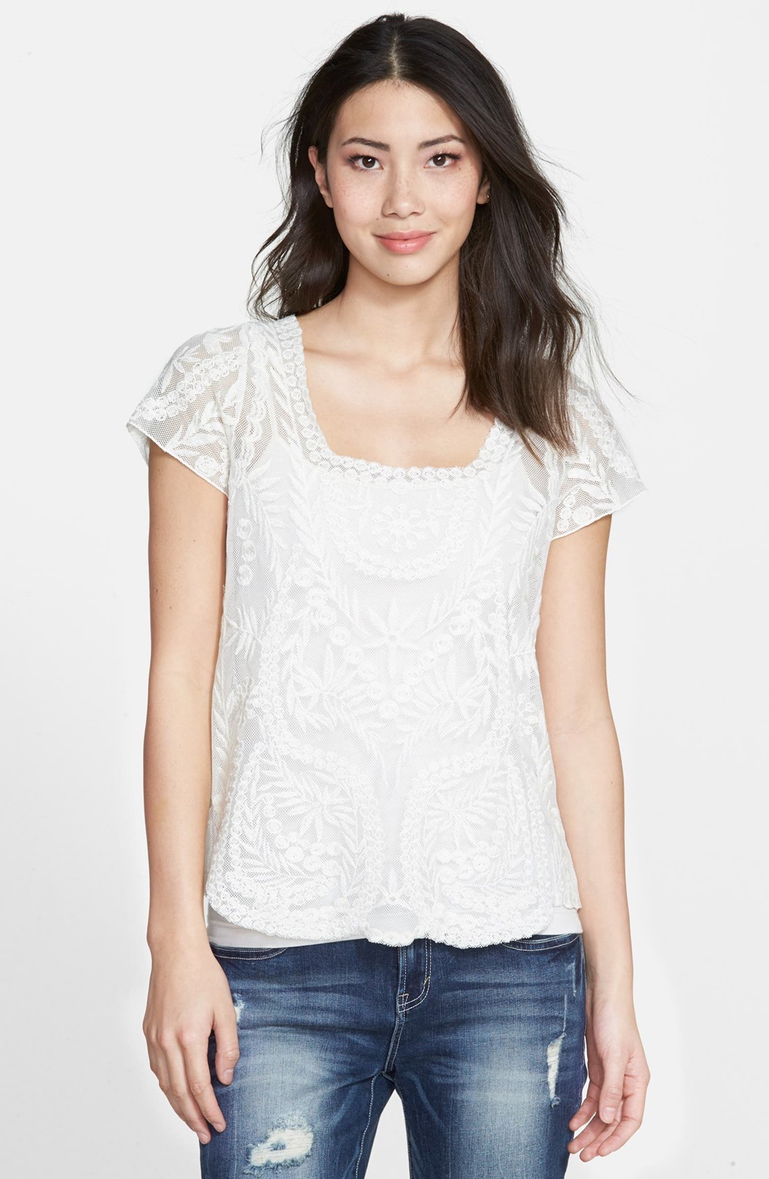 Jessica Simpson 'Kinley' Embroidered Lace Tee | Nordstrom