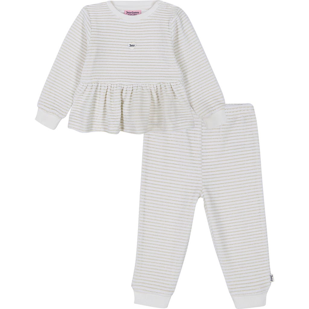 Juicy Couture Metallic Stripe Velour Top & Pants Set In Cream