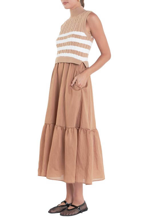 Shop English Factory Mixed Media Tiered Midi Dress In Camel/white