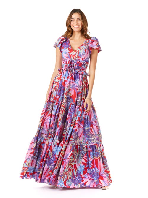 Shop Lara New York V-neck Long Print Gown With Cap Sleeves