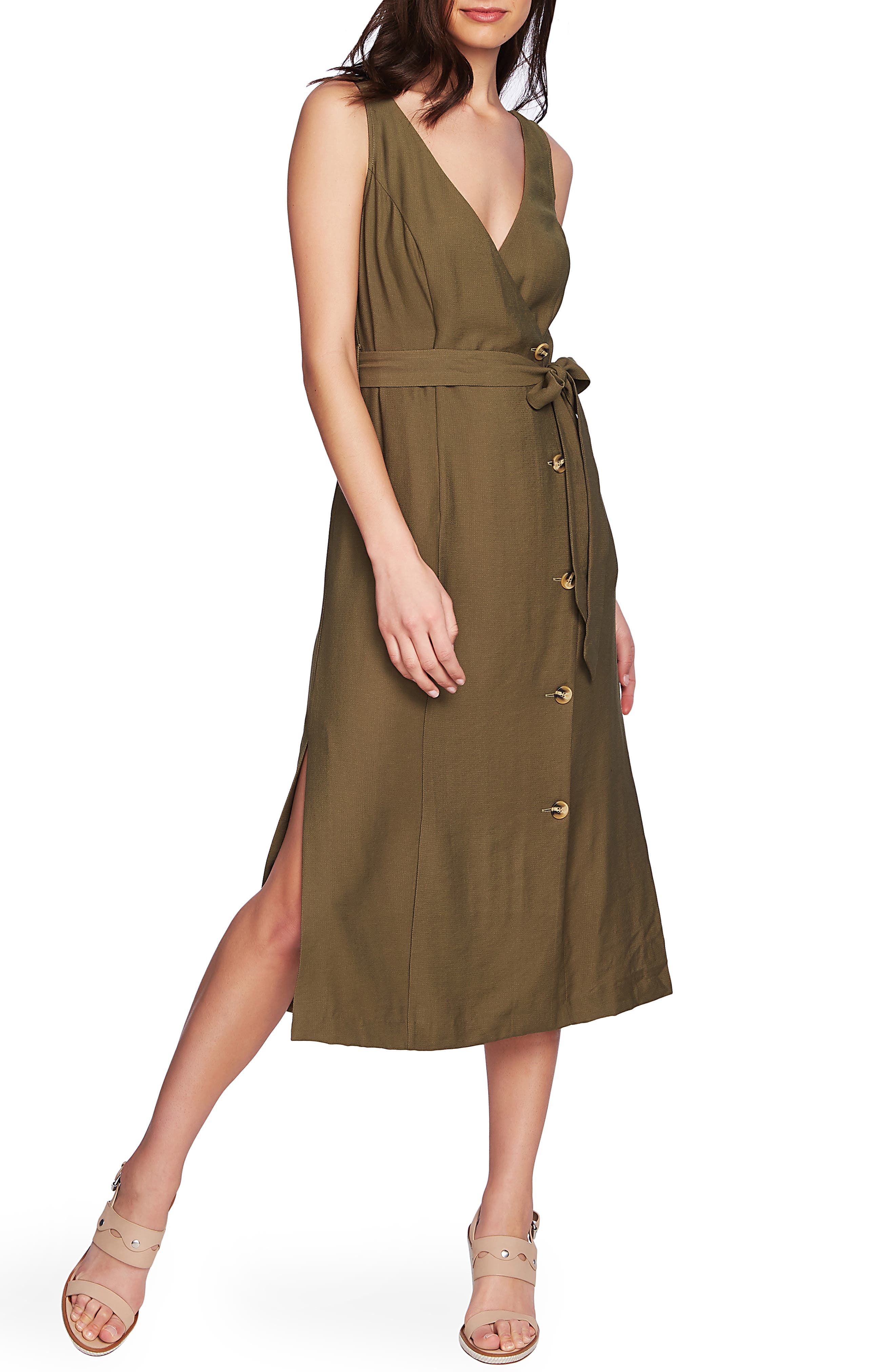 1.state Button Front Sleeveless Faux Wrap Dress, Green