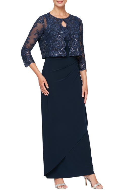 Alex Evenings Embroidered Empire Gown with Jacket Navy at Nordstrom,