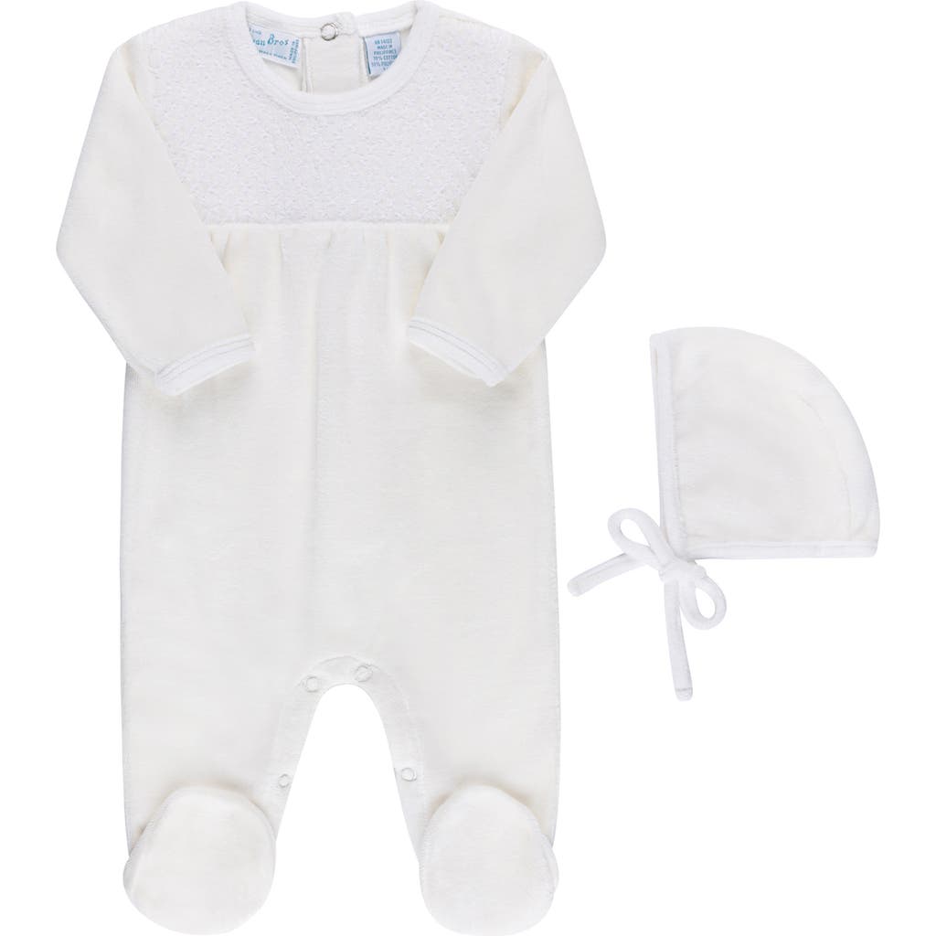 Feltman Brothers Smocked Yoke Cotton Velour Footie & Hat Set In Ivory