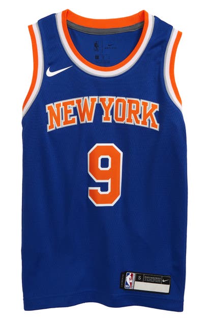 Click to view more detailed imagery on our partner's website Nike Kids' Dri-fit Nba Icon Edition New York Knicks Rj Barrett Mesh Jersey (big Boy) In Rush Blue