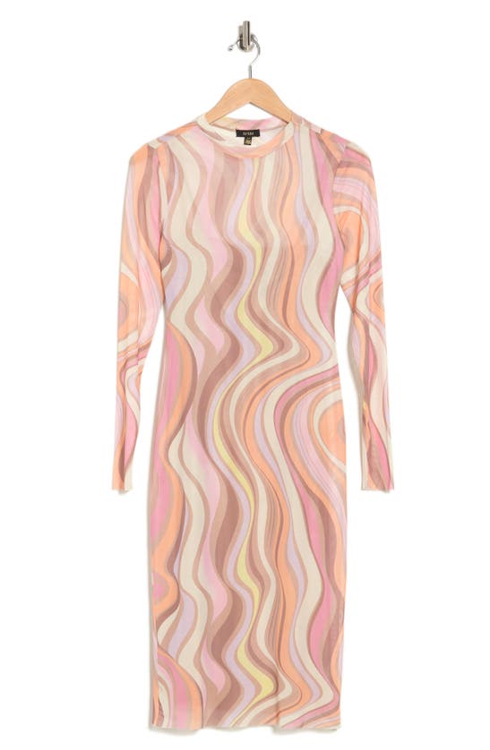 Afrm Loah Long Sleeve Mesh Midi Dress In Coral Swirl