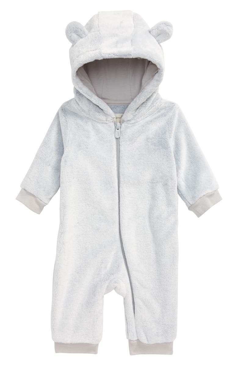 PEEK ESSENTIALS Percy Faux Fur Bear Ear Hooded Romper, Main, color, GREY HEATHER