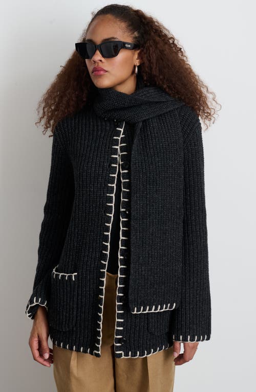 Shop Alex Mill Mae Whipstitch Detail Wool Blend Cardigan With Removable Scarf In Charcoal