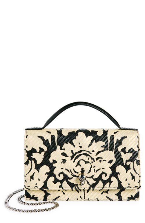 Damask Pattern Raffia Crossbody Bag in Ivory/Black