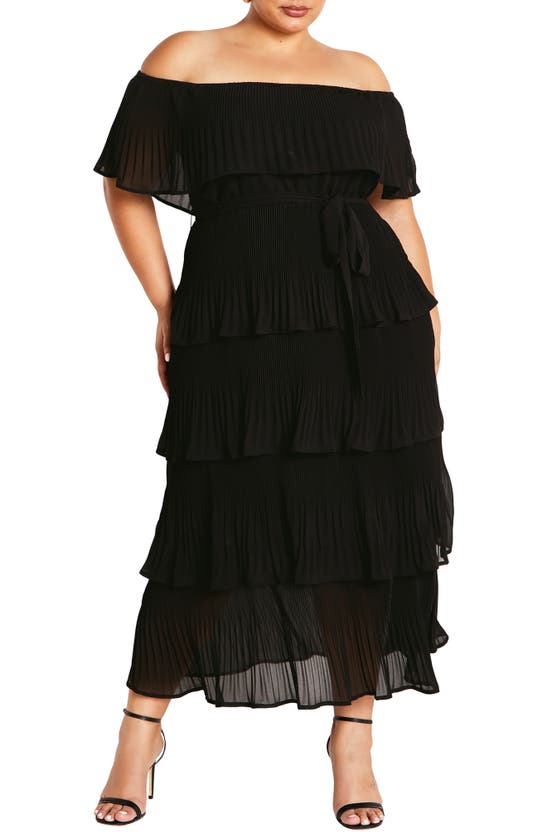 City Chic Night Garden Tiered Release Pleat Off The Shoulder Maxi Dress In Black