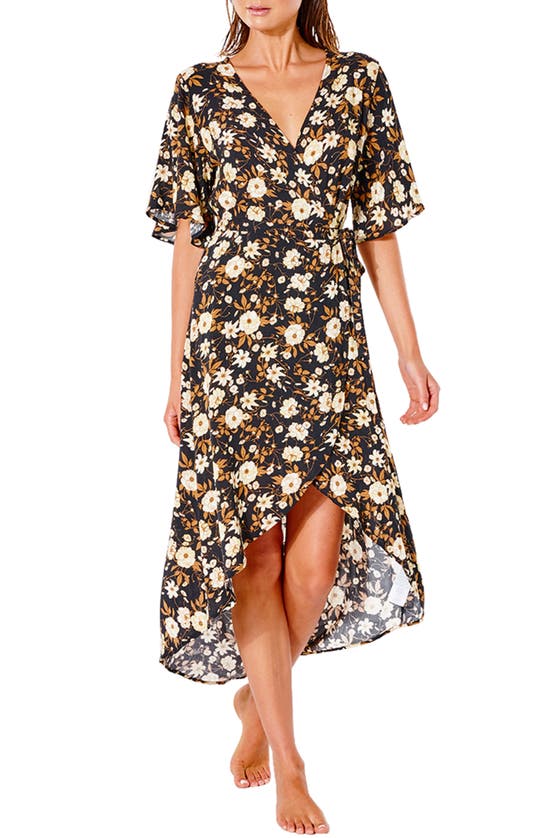 Rip Curl Sunset Haze Floral Wrap Front Midi Dress In Black | ModeSens