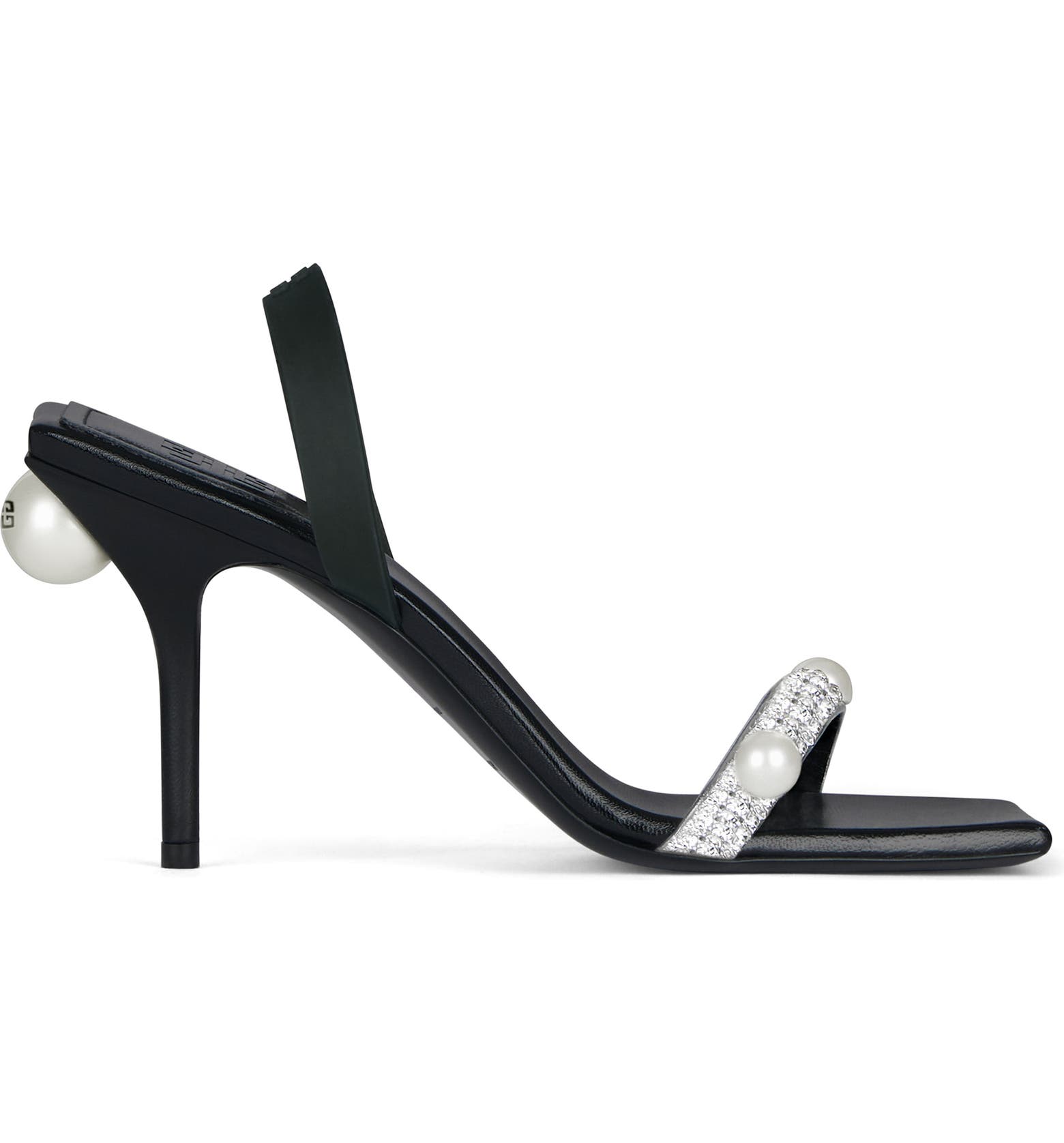 Black heeled sandals with pearls and crystals