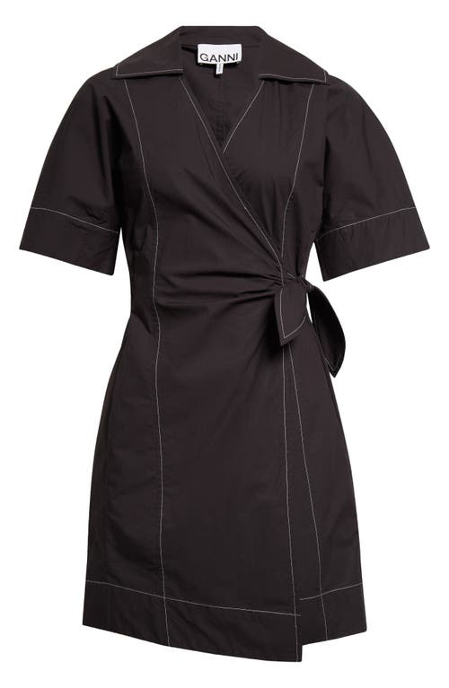 Shop Ganni Organic Cotton Wrap Minidress In Black