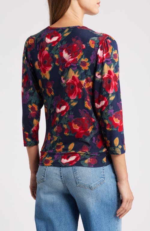 Loveappella Floral Print Faux Tie Wrap Top In Blue Multi