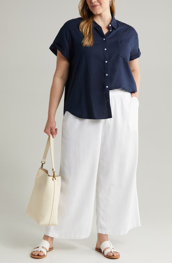 Caslon Tie Waist Wide Leg Crop Linen Blend Pants In White