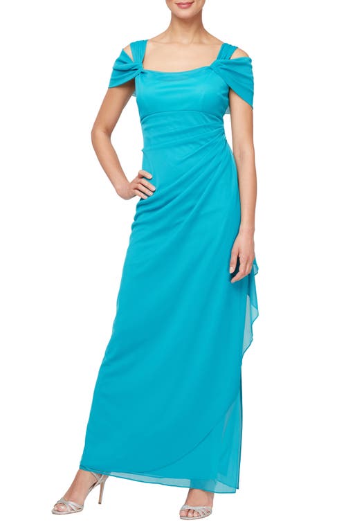 Cold Shoulder Ruffle Gown in Turquoise