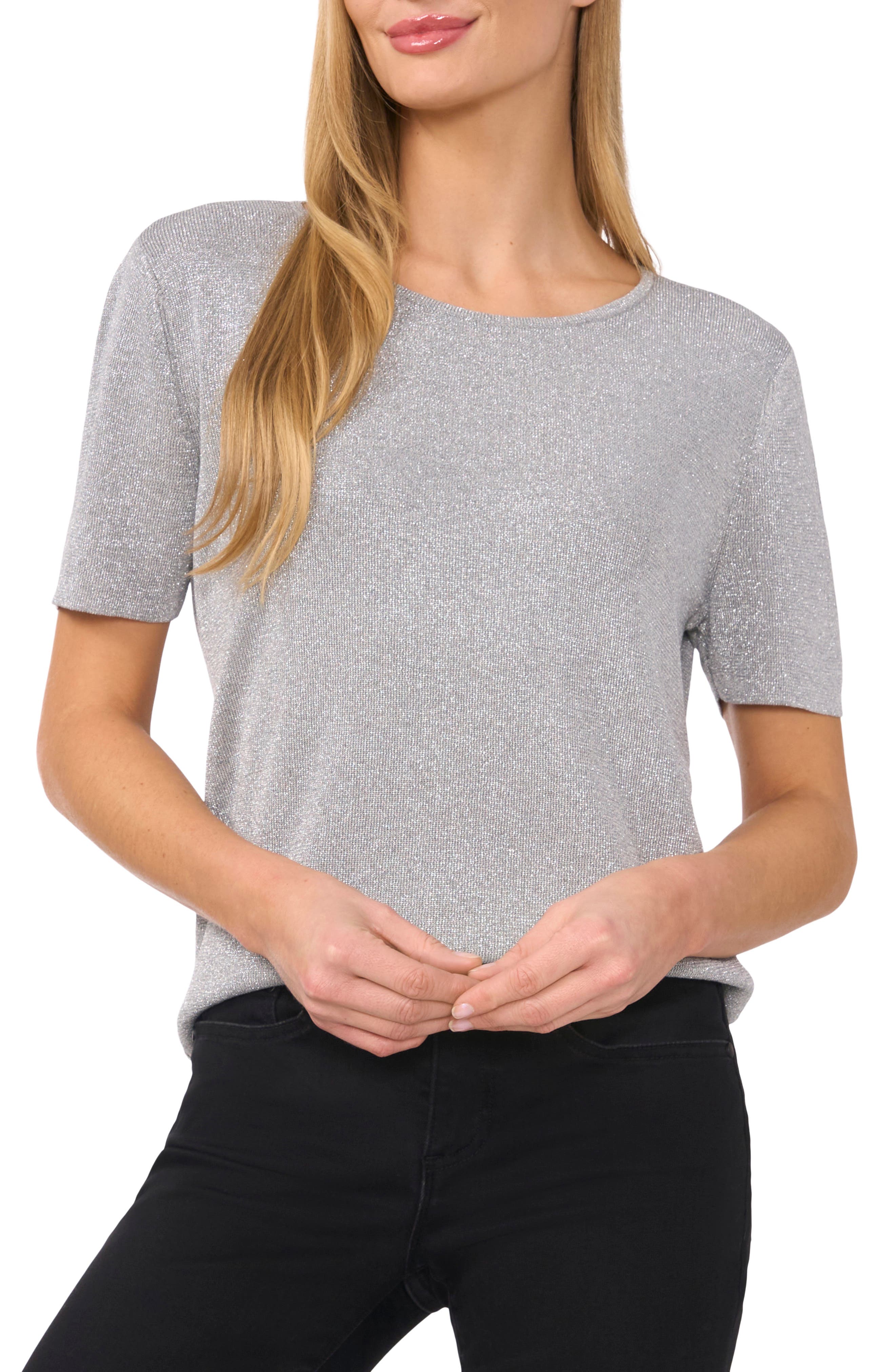 CeCe Metallic Sparkle Short Sleeve Sweater in Grey Night Silver 