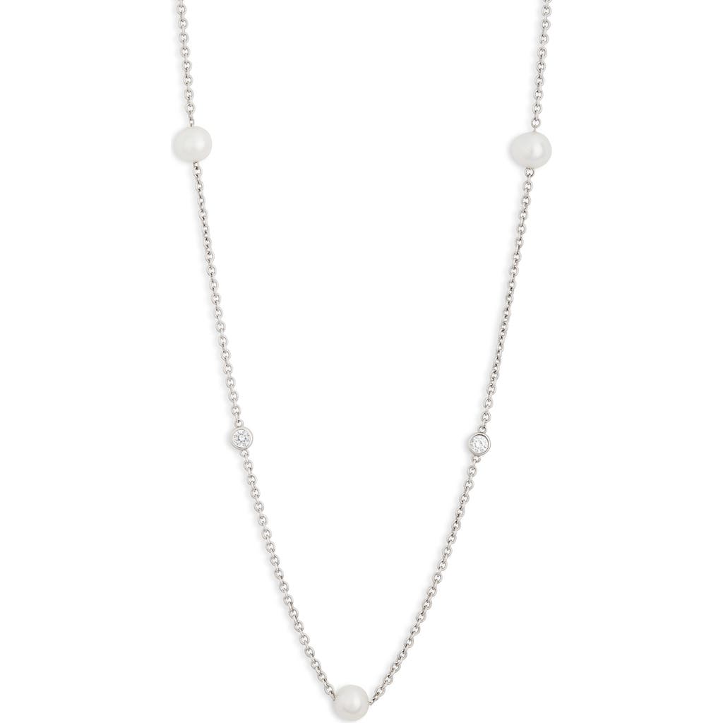 Suzy Levian Sterling Silver 7–7.5mm Cultured Freshwater Pearl & Lab Grown White Sapphire Station Cha In White