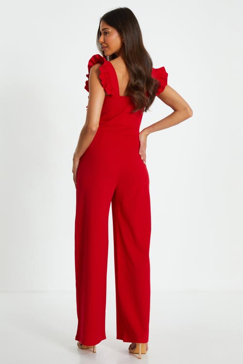 Quiz Scuba Crepe Frill Sleeve Chain Belt Palazzo Jumpsuit In Red
