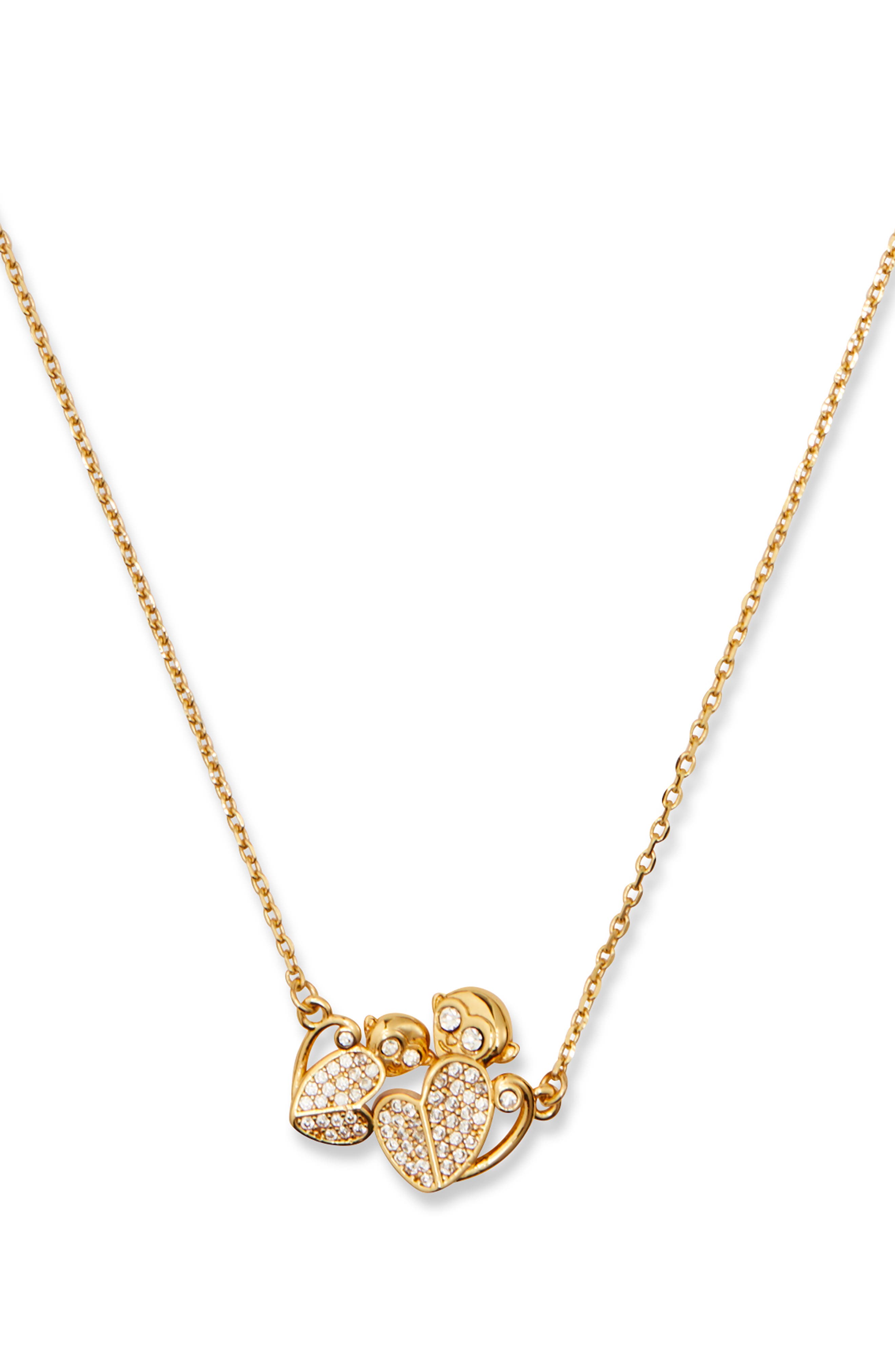 Kate Spade Mom Knows Best Pave Heart Monkey Pendant Necklace In Clear/gold