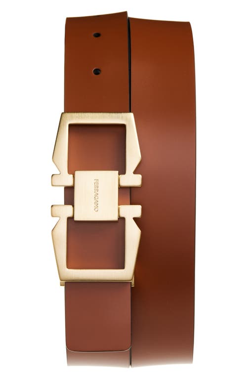 Ferragamo Double Gancio Reversible Leather Belt In New Cognac Nero