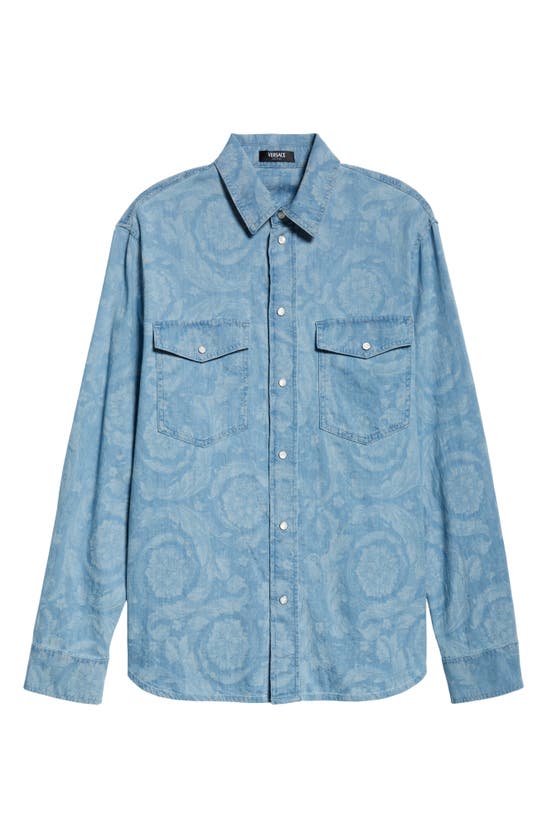 Shop Versace Baroque Cotton Chambray Snap-up Shirt In Light Blue