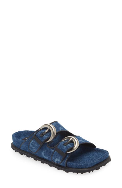 Faux Fur Lined Square Toe Slide Sandal in Blt50 Blue Laser Wash