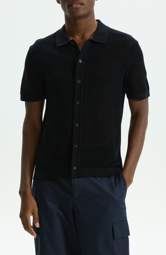 Shop Theory Cairn Short Sleeve Button-up Cotton Blend Sweater In Black