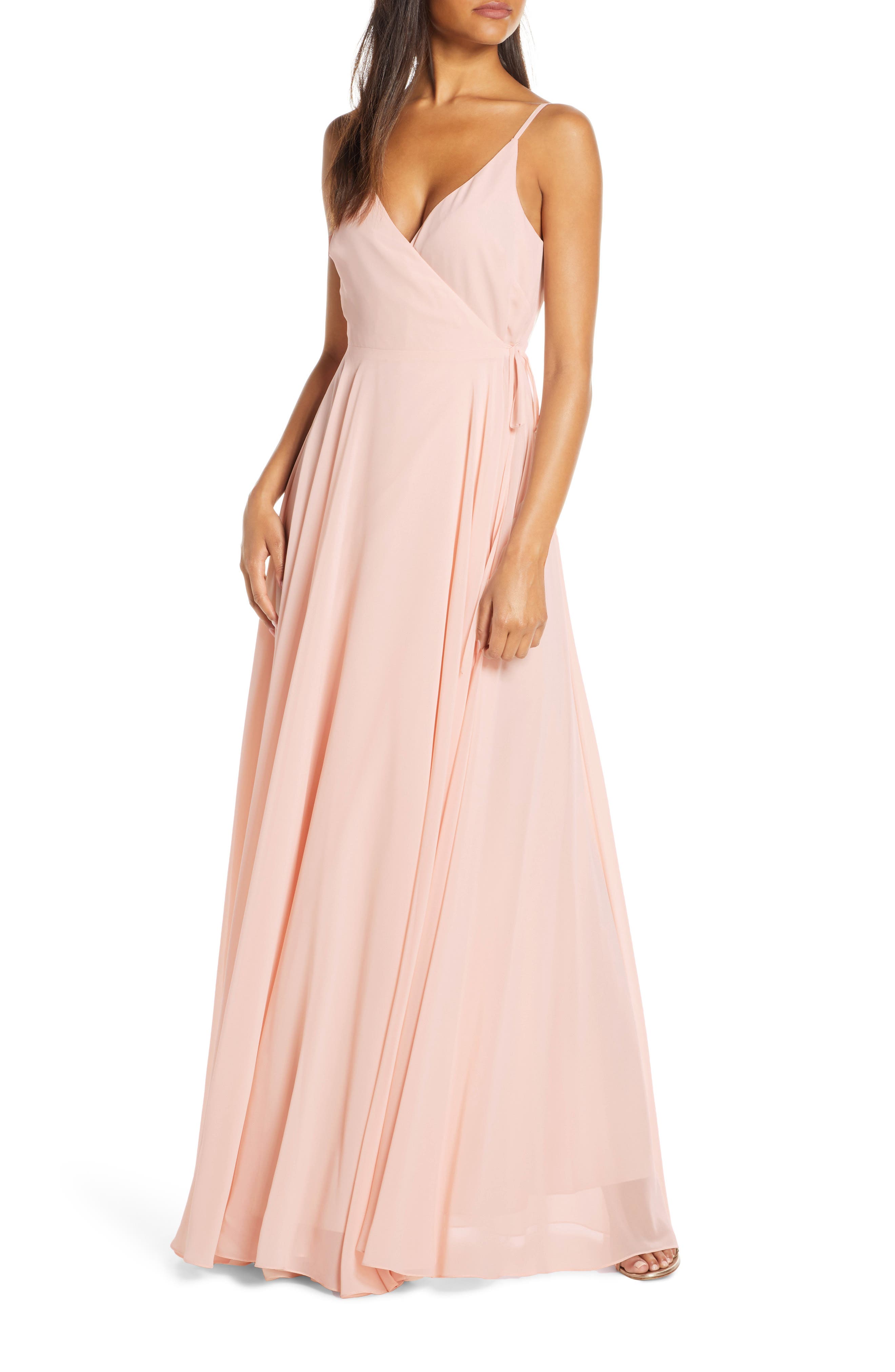 Jenny Yoo James Sleeveless Wrap Chiffon Evening Dress, Pink