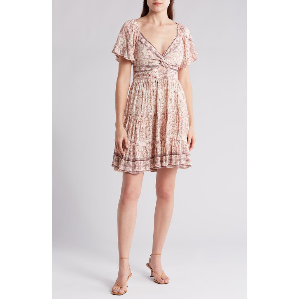 Angie Twist Front Flutter Sleeve Dress In Neutral