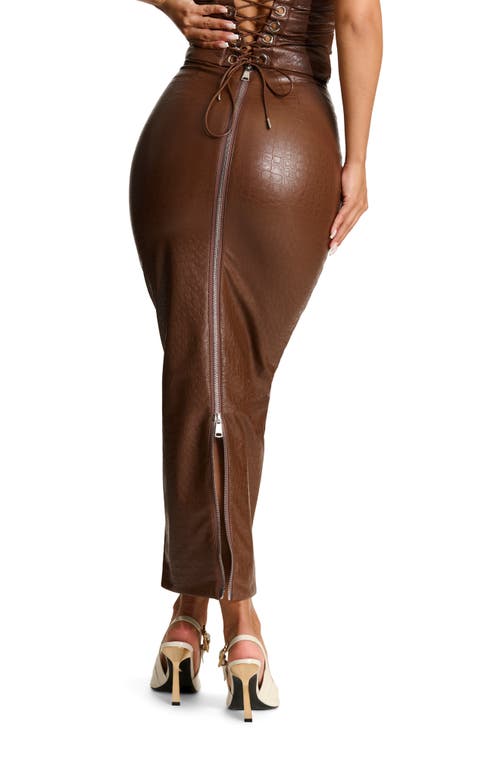 Shop Naked Wardrobe Croc Embossed Faux Leather Midi Skirt In Chocolate