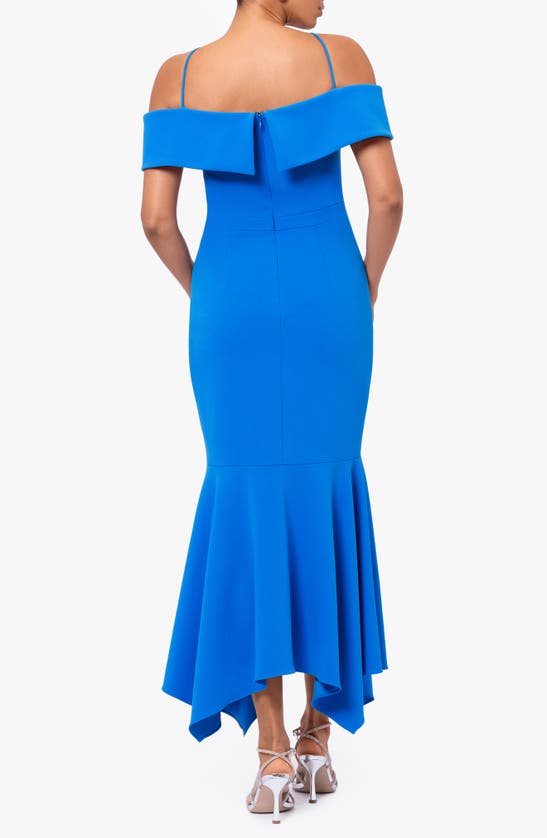 Shop Xscape Evenings Cold Shoulder Handkerchief Hem Scuba Crepe Gown In Blue