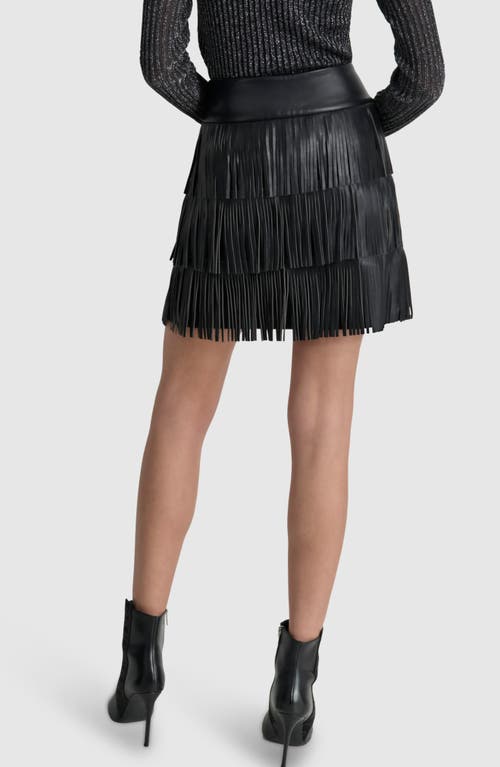 Shop Dkny Tiered Fringe Faux Leather Miniskirt In Black