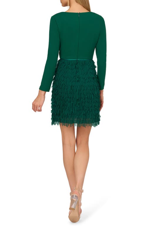 Shop Adrianna Papell Long Sleeve Crepe & Chiffon Fringed Minidress In Dark Ivy